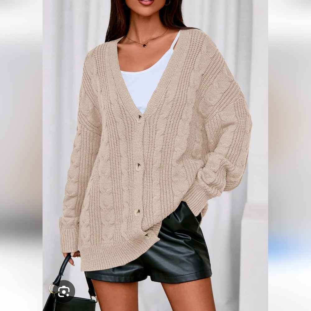 PrettyGarden Women's Beige Cable Knit Sweater Oversized